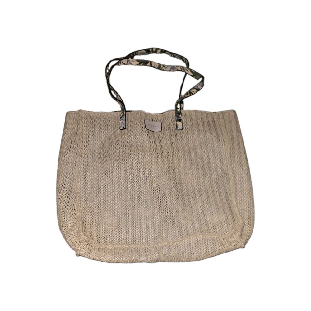 Victoria's Secret Woven Beach Tote Bag Tropical Floral Lined Beige Limited Ed
